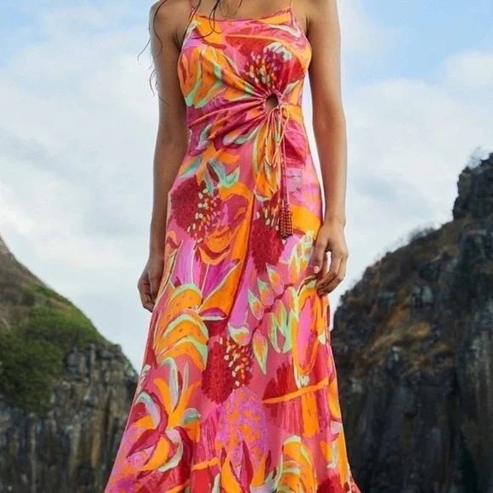 FARM Rio Fruit Burst Cutout Midi Dress NWT Size XS Pink Orange Tropical Resort